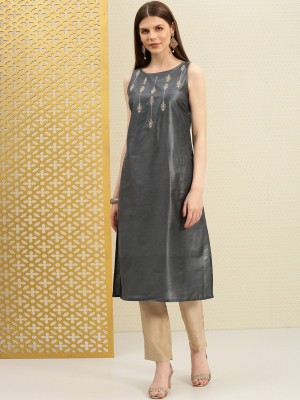 Women Embroidered Polyester A-line Kurta  (Grey)