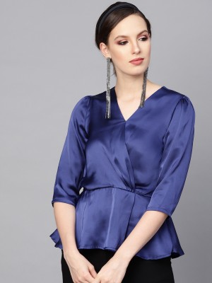 Party 3/4 Sleeve Solid Women Blue Top