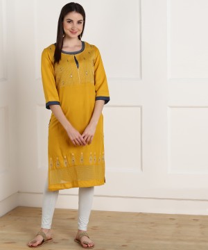 Women Embroidered Viscose Straight Kurta  (Yellow)