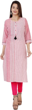 Women Striped Cotton Blend Straight Kurta  (Pink)