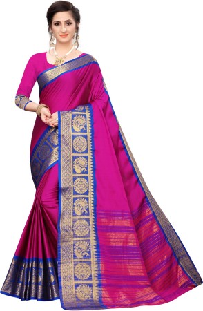 Striped, Woven, Embellished Banarasi Cotton Silk Saree  (Multicolor, Blue, Pink)
