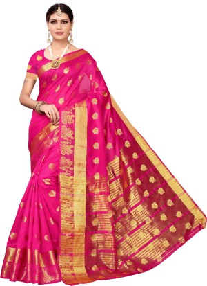 Woven Kanjivaram Poly Chanderi Saree  (Pink)