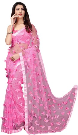 Applique Fashion Net Saree  (Pink)