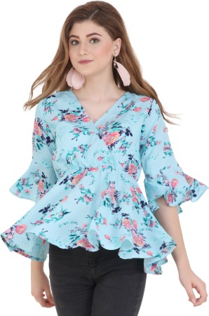 Party Bell Sleeve Floral Print Women Blue Top