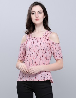 Casual Cold Shoulder Printed Women Pink Top