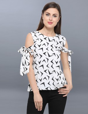 Casual Cold Shoulder Printed Women White, Black Top
