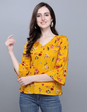 Casual Bell Sleeve Printed, Floral Print Women Multicolor, Yellow Top