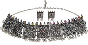 Oxidised Silver Jewel Set  (Silver, Multicolor)