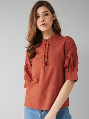 Casual Puff Sleeve Solid Women Red Top