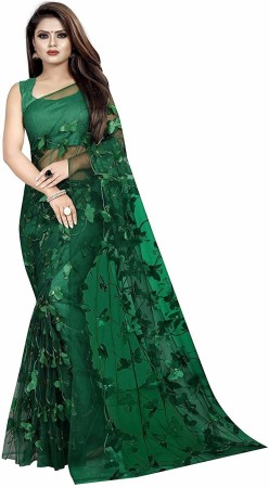 Applique Fashion Net Saree  (Green)