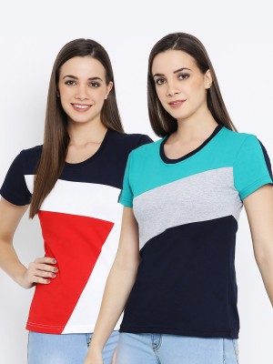 Color Block Women Round Neck Multicolor T-Shirt  (Pack of 2)