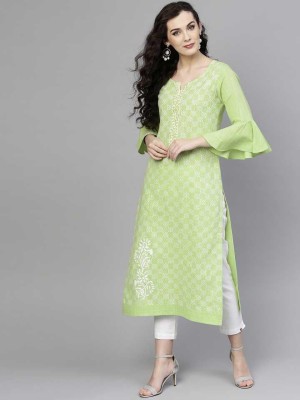 Women Self Design Cotton Blend Straight Kurta  (Light Green)