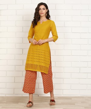 Women Embroidered Cotton Blend Straight Kurta  (Yellow)