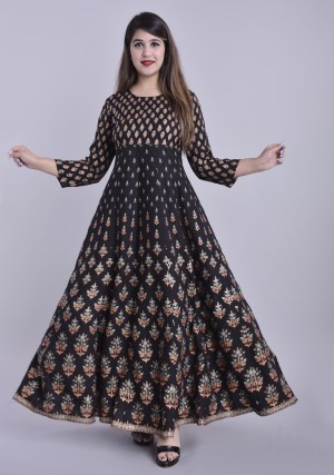 Printed Rayon Blend Stitched Anarkali Gown  (Black)