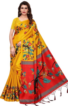 Printed Bhagalpuri Art Silk Saree  (Yellow)