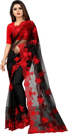 Embroidered Fashion Net Saree  (Black)