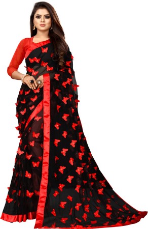 Self Design Bollywood Net Saree  (Red, Black)