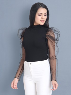Casual Puff Sleeve Solid Women Black Top