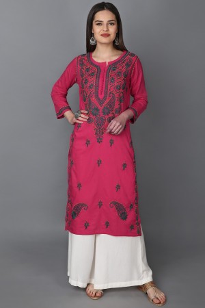 Women Chikan Embroidery, Embroidered Cotton Blend Straight Kurta  (Pink)