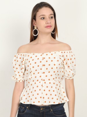 Casual Puff Sleeve Printed Women White Top
