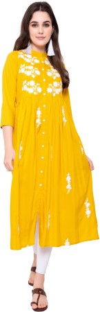 Women Embroidered Cotton Rayon Blend Flared Kurta  (Yellow)
