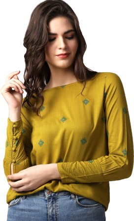 Casual Full Sleeve Embroidered Women Yellow Top
