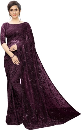 Embellished Bollywood Net Saree  (Purple)