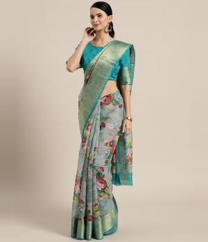 Floral Print Fashion Cotton Linen Blend, Art Silk Saree  (Light Green)