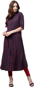 Women Checkered Cotton Rayon Blend A-line Kurta
