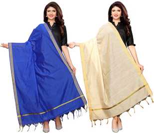Cotton Blend, Poly Silk Striped, Woven, Embellished, Solid Blue, Beige Women Dupatta