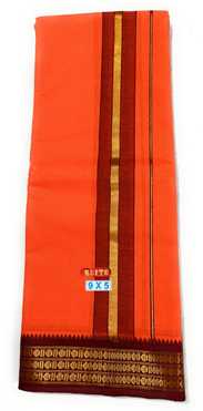 A COTTONS Cotton 9/5 Men Orange Color Puja Dhoti With Attached Angvastram Towels Inside. Solid Men Dhoti