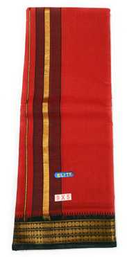 A COTTONS Cotton 9/5 Men Red Color Puja Dhoti With Attached Angvastram Towels Inside. Solid Men Dhoti