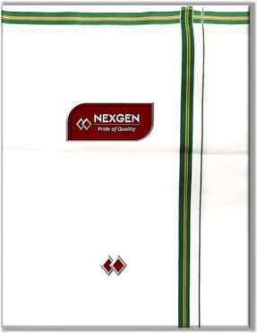 NEXGEN 100% Pure Cotton White Dhoti with Green Twin Bordered Double Length Corporate Casual wedding festival Special Solid Men Dhoti Solid Men Dhoti
