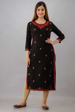 Women Embroidered Rayon Straight Kurta