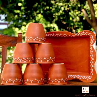 Unravel India Ceramic Unravel India Earthen Ceramic Kulhad with Ceramic Tray(Set of 6)