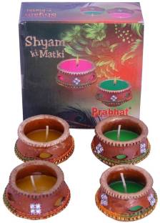 Indigo Creatives Set of 4 Wax Instant Use Earthen Pot Designer Diwali Puja Decorative Diya Set Earthenware (Pack of 4) Table Diya Set