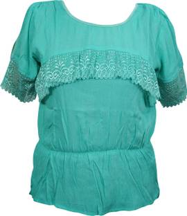Indiatrendzs Casual Half Sleeve Solid Women Green Top