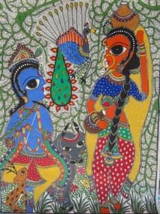 Mirracrafts Madhubani Art Lord Krishna Playing Flute For Radha