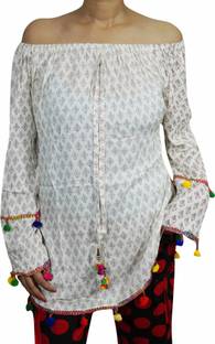 Indiatrendzs Party Full Sleeve Printed Women's White Top
