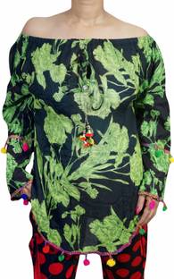 Indiatrendzs Party Full Sleeve Printed Women's Black, Green Top