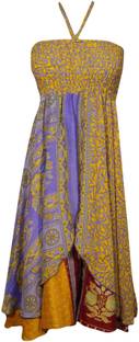 Indiatrendzs Women's A-line Yellow, Purple Dress