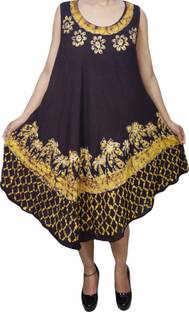 Indiatrendzs Women's A-line Brown, Yellow Dress