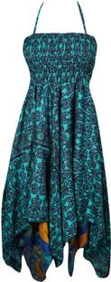 Indiatrendzs Women's Fit and Flare Green, Blue Dress