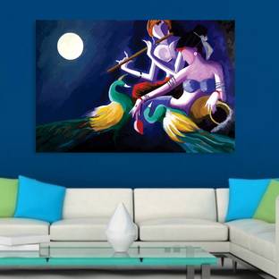 Inephos Unframed Canvas Painting Beautiful Radha Krishna Peacock