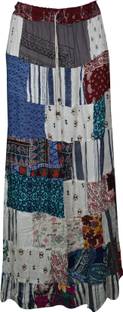 Indiatrendzs Printed Women Broomstick White, Blue Skirt