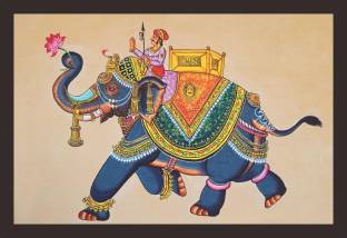 Mad Masters Mad Masters Traditional Rajasthani wall painting of elephant with jockey. 1 Piece wooden framed painting |Wall Art | Home Décor | Painting Art | Unique Design | Attractive Frames Digital Reprint 12 inch x 18 inch Painting