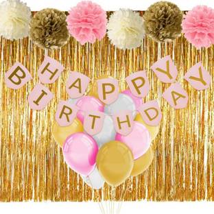 Theme My Party Pink Gold Birthday Decorations Banner Balloons Tissue Flowers Fringe Curtain Reviews Latest Review Of Theme My Party Pink Gold Birthday Decorations Banner Balloons Tissue Flowers Fringe Curtain Price