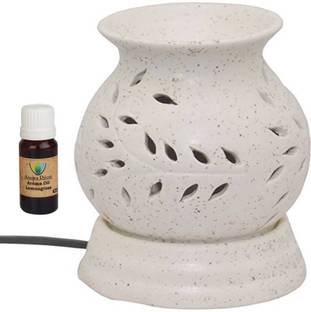 Bright Shop Ceramic Electric Diffuser Matki Shape with Floral Cutting Design White Color Diffuser Set