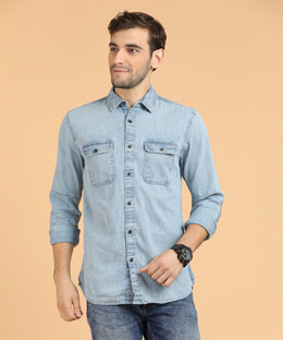 JONES Men Washed Casual Blue Shirt 