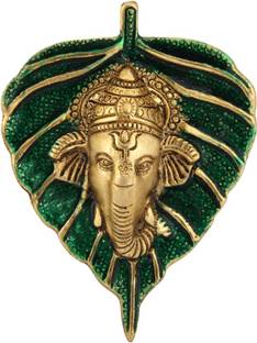 Handicrafts Paradise Wall Hanging Green Leaf Shaped with Ganesha face motiff in Metal Handicrafts Paradise Wall Hanging Green Leaf Shaped with Ganesha face motiff in Metal